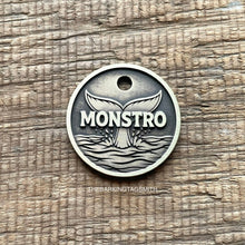 Load image into Gallery viewer, Personalised whale tail dog ID tag deeply engraved into solid metal with ocean wave design for dogs and cats