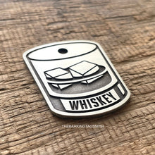 Load image into Gallery viewer, Dog ID tag with whiskey glass design and engraved name, personalised deep engraved metal pet tag for dogs and cats.
