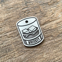 Load image into Gallery viewer, Dog ID tag with whiskey glass design and engraved name, personalised deep engraved metal pet tag for dogs and cats.
