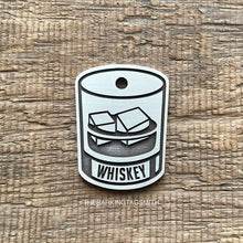 Load image into Gallery viewer, Dog ID tag with whiskey glass design and engraved name, personalised deep engraved metal pet tag for dogs and cats.