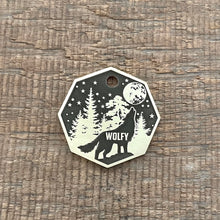 Load image into Gallery viewer, pet tag with wolf and forest theme