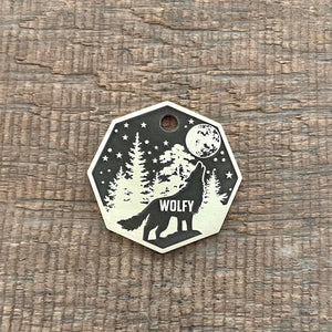 pet tag with wolf and forest theme