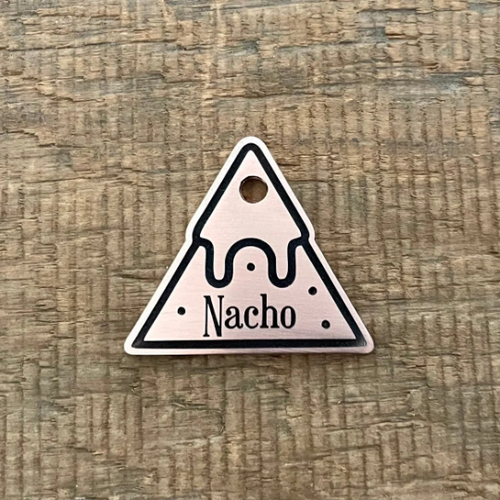 pet tag shaped as a nacho chip