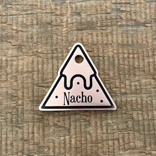 pet tag shaped as a nacho chip
