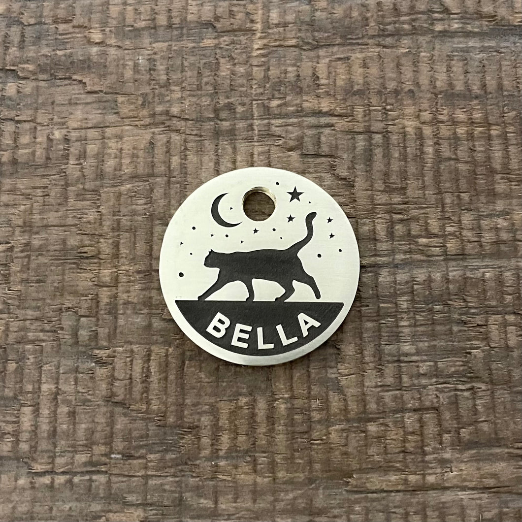 cat tag with night sky design